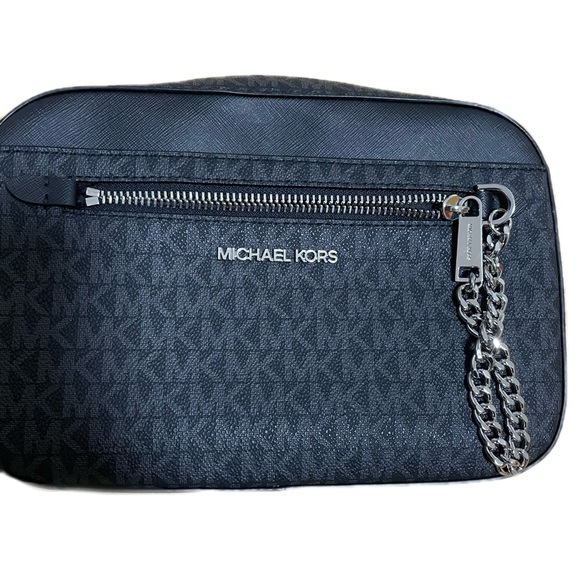 Michael Kors Black Jet Set Large Logo Crossbody Bag Purse with Silver Hardware - Picture 3 of 5